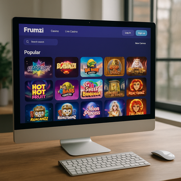 Frumzi Casino - Desktop Design Screenshot - Klare Benutzeroberfläche und Navigation